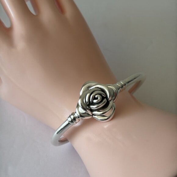 925 Sterling Silver 3D Rose Electroform Cuff / Bangle Bracelet - Picture 1 of 10